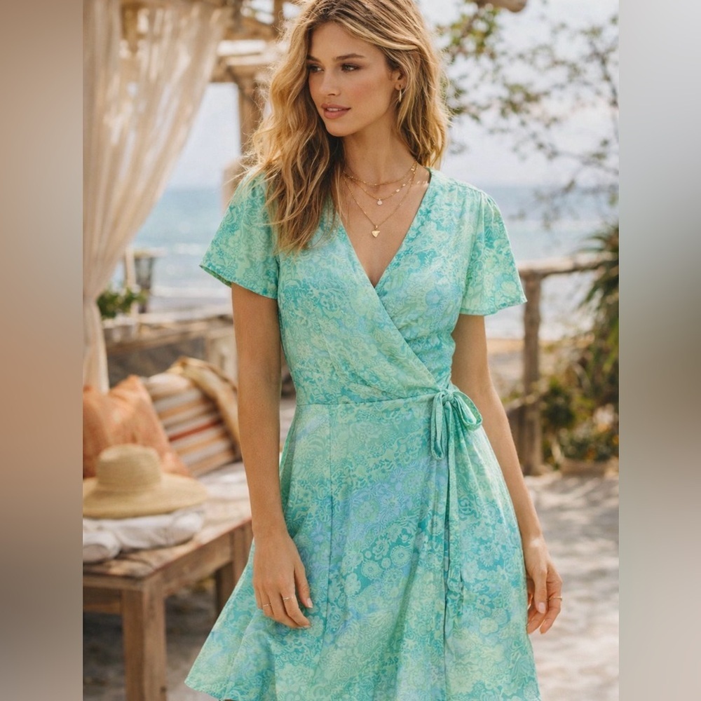 Y2K New York & Co Size 4 100% Cotton Green and Blue Ombré Floral Midi Wrap Dress